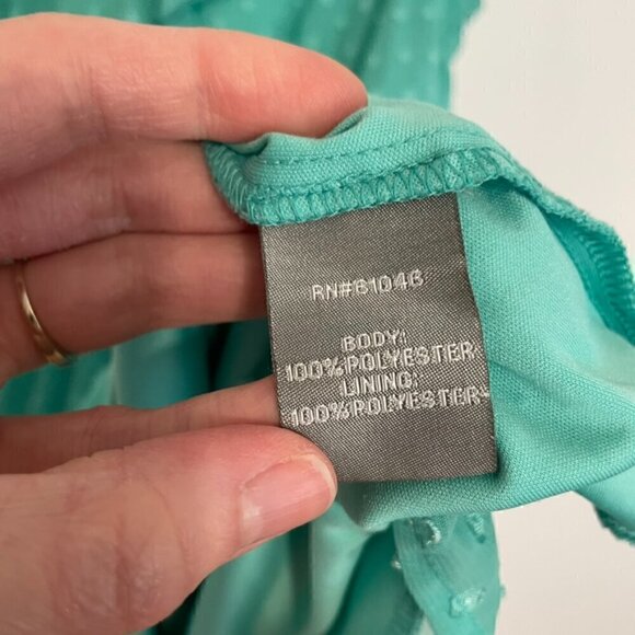 VANITY Aqua Seafoam Green Blue Swiss Dot Textured Mini Surplice Faux Wrap Dress - Picture 8 of 16